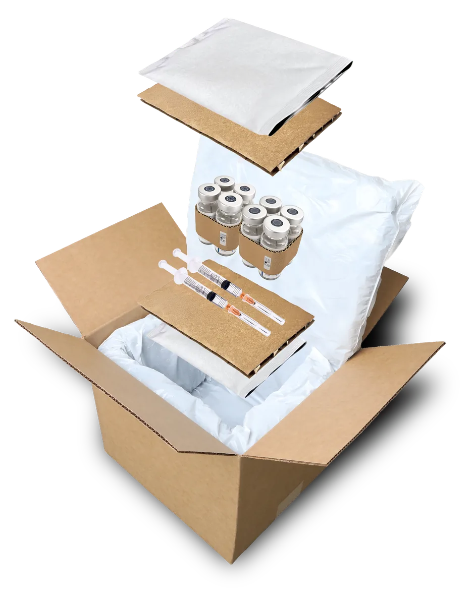 EcoFiber kitted cooler: corrugated shipper with insulated liner, cool packs, vials, and syringes